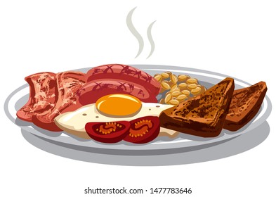 illustration of traditional english breakfast with fried eggs and bacon