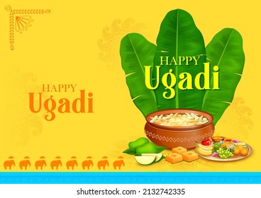 illustration of traditional festival holiday background for the New Year's Day for the states of Andhra Pradesh, Telangana, and Karnataka in India - Shutterstock ID 2132742335