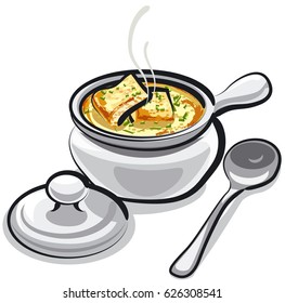 illustration of traditional french onion soup with croutons