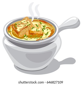 illustration of traditional french onion soup with croutons