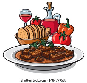 illustration of traditional goulash meat dish in plate with vegetables and wine