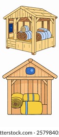 A Illustration of a traditional hay storage shed, essential for farm maintenance and livestock feeding.