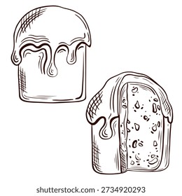 An illustration of a traditional icing Easter cake, depicting whole and cut pieces on a white background. This detailed illustration features fine lines and artistic details