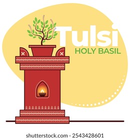 Ilustração de um tradicional plantio indiano de Tulsi (manjericão sagrado) em cores vibrantes com padrões brancos intrincados com uma lâmpada diya em chamas, situado contra um fundo amarelo com tipografia tulsi.