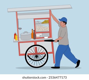 Illustration of Traditional Indonesian Food Bakso Seller