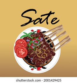Illustration of a traditional Indonesian food called Sate, which is chicken or goat or beef skewered on a bamboo skewer and grilled using charcoal