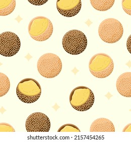 Illustration of traditional Indonesian snack dessert onde-onde seamless pattern background vector