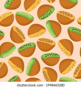 Illustration of traditional Indonesian snacks kue pukis with various kinds of toppings seamless pattern background vector stock