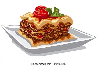 illustration of traditional italian dish baked lasagna with meat mince