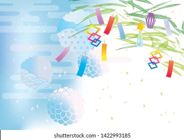 An illustration of a traditional Japanese event in light blue Japanese patterns and bamboo leaves.