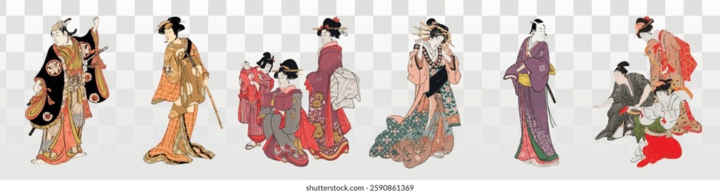 Illustration of traditional Japanese figures in kimonos. Japanese art, kimonos, and traditional attire are depicted. Cultural and historical representation. Asian illustrations, element set.