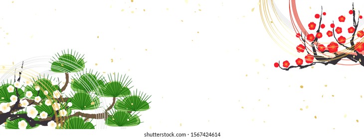 Illustration of a traditional Japanese flower arrangement called “Ikebana”.It is made of materials used for the New Year, such as pine and plum branches and thin string decorations called “Mizuhiki”.