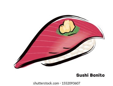 Illustration of traditional Japanese food, sushi touched by a brush. Bonito  sushi, vector data.