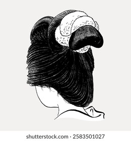 Illustration of a traditional Japanese hairstyle. Elegant, intricate hair design. Classic Japanese style, black and white sketch. Cultural, artistic depiction. Vintage woman illustration vector.