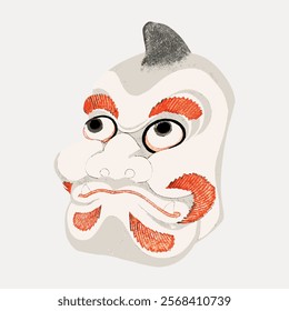 Illustration of a traditional Japanese mask with exaggerated features, red accents, and a fierce expression. Cultural art, Japanese mask, traditional design. Vintage art drawing illustration vector.