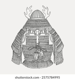 Illustration of traditional Japanese samurai armor, detailed with intricate patterns. Samurai armor features helmet, shoulder guards, and chest plate. Vintage art drawing, isolated vector element.