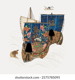 Illustration of traditional Japanese ships with ornate sails, featuring intricate designs and vibrant colors, sailing on stylized waves with a bird overhead. Isolated vintage vector element.