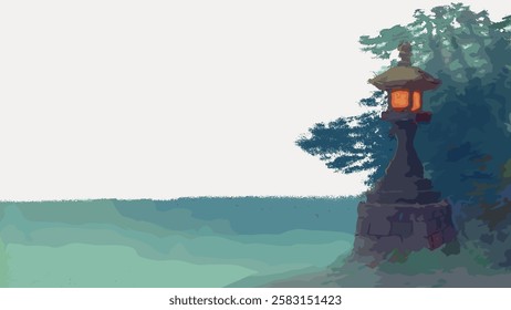 Illustration of a traditional Japanese stone lantern in a serene landscape. Lantern stands in a tranquil setting, surrounded by nature and peaceful ambiance. Vintage Japanese illustration vector.