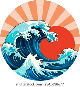 Illustration of traditional Japanese wave with red sun and retro comic background