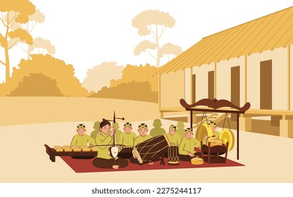 illustration of traditional Javanese karawitan performance in the village, illustration indonesian people playing gamelan