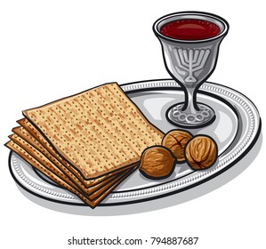 illustration of traditional jewish matzoh with walnuts and wine