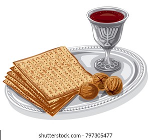 illustration of traditional jewish matzoh with walnuts and wine in passover