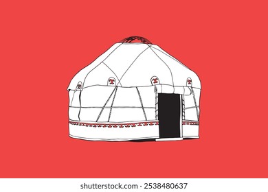 Illustration of a Traditional Kazakh Yurt on red background Celebrating Nauryz, the Kazakh New Year and Spring Festival