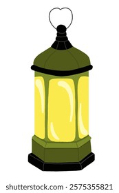 Illustration of a traditional lantern with a green and yellow design, featuring a heart-shaped handle at the top. Perfect for festive themes, Ramadan decorations, or vintage-inspired designs