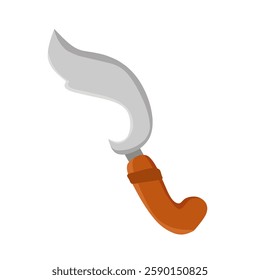 An illustration of a traditional machete with a curved sharp blade and an orange handle, commonly used in daily life