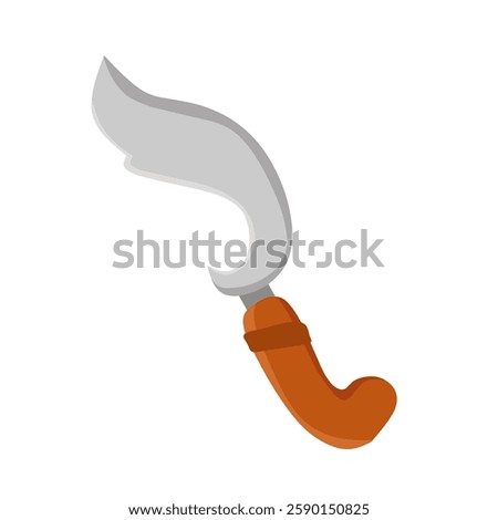 An illustration of a traditional machete with a curved sharp blade and an orange handle, commonly used in daily life