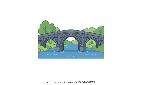 An illustration of a traditional masonry bridge featuring three distinct stone arches crossing a blue water stream