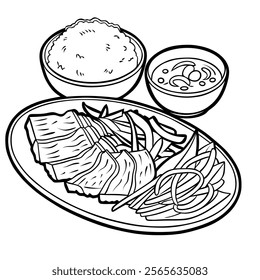 Illustration of a Traditional Meal with Rice, Soup, and Fresh Vegetables.