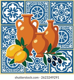 Illustration of traditional Mediterranean clay vases with lemons and olives on a background of decorative blue and white tiles. Bright warm palette, perfect for kitchen decor or packaging.