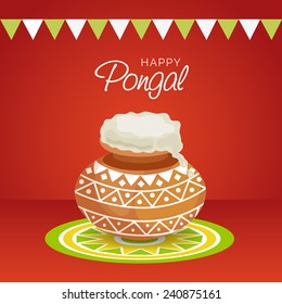 illustration of traditional mud pot with rice on colorful rangoli  for South Indian harvesting festival  Pongal.
