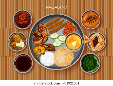 ilustración de la cocina tradicional naga y el thali de comida de Nagaland India