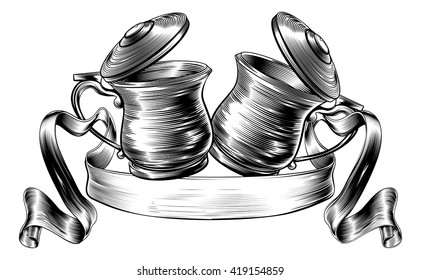 An illustration of a traditional Oktoberfest style  beer stein or tankards chinking together in a prost toast with banner or scroll in a woodcut style
