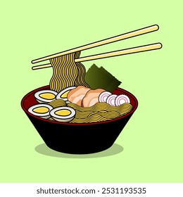 Illustration of a traditional ramen bowl with various ingredients.