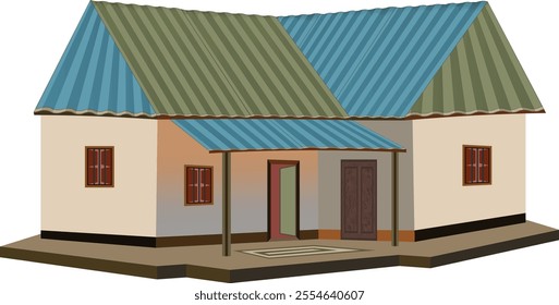 Illustration of a traditional rural home - simple architecture with blue and green metal roofs, wood details, and rustic charm