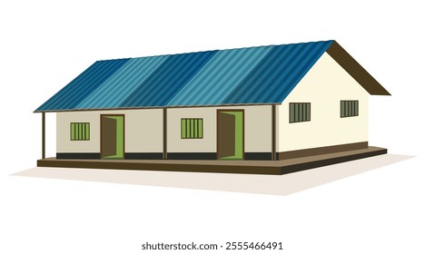 Illustration of traditional rural house with blue metal roof, open doors, and windows, modern architecture vector design