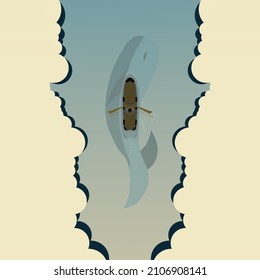 illustration of a traditional ship in the middle of a beautiful sea and land with beautiful and charming gradients and vector format.