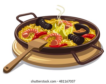 illustration of traditional spanish food paella on pan