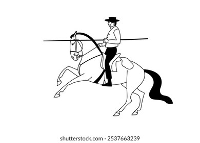 Illustration of a traditional Spanish rider, working equitation, drawn in minimalist black and white line art style