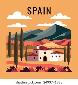 An illustration of a traditional Spanish village set against a backdrop of rolling hills and mountains, with vibrant colors and a warm, rustic atmosphere.