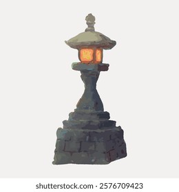 Illustration of a traditional stone lantern with a glowing light. The lantern stands tall, showcasing its classic design and warm glow. Stone lantern art. Isolated vintage vector element.