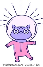 illustration of a traditional tattoo style cat in astronaut suit in bright neon colors