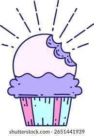 ilustração de um cupcake estilo tatuagem tradicional com mordida ausente em cor neon brilhante