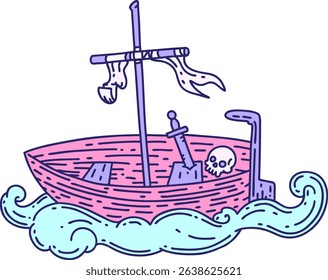 illustration of a traditional tattoo style empty boat with skull in bright neon colors
