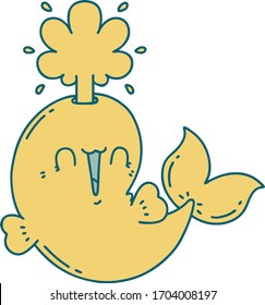 illustration of a traditional tattoo style happy squirting whale character