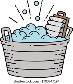 illustration of a traditional tattoo style old washboard and scrubbing bowl 