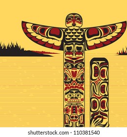 Illustration Of Traditional Tribal North American Totem Pole, Made In Canadian Native Art Style